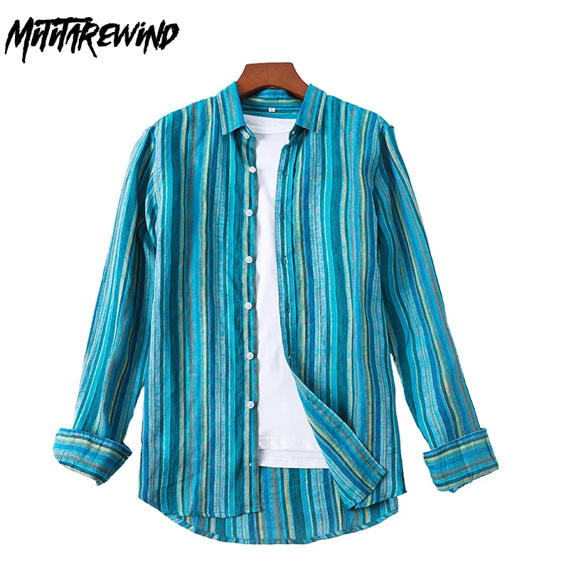 

Japanese Fashion Fresh Striped Shirt Men Brand Shirt Daily Casual Linen Long Sleeve Shirts Youth Breathable Top Chemise Homme
