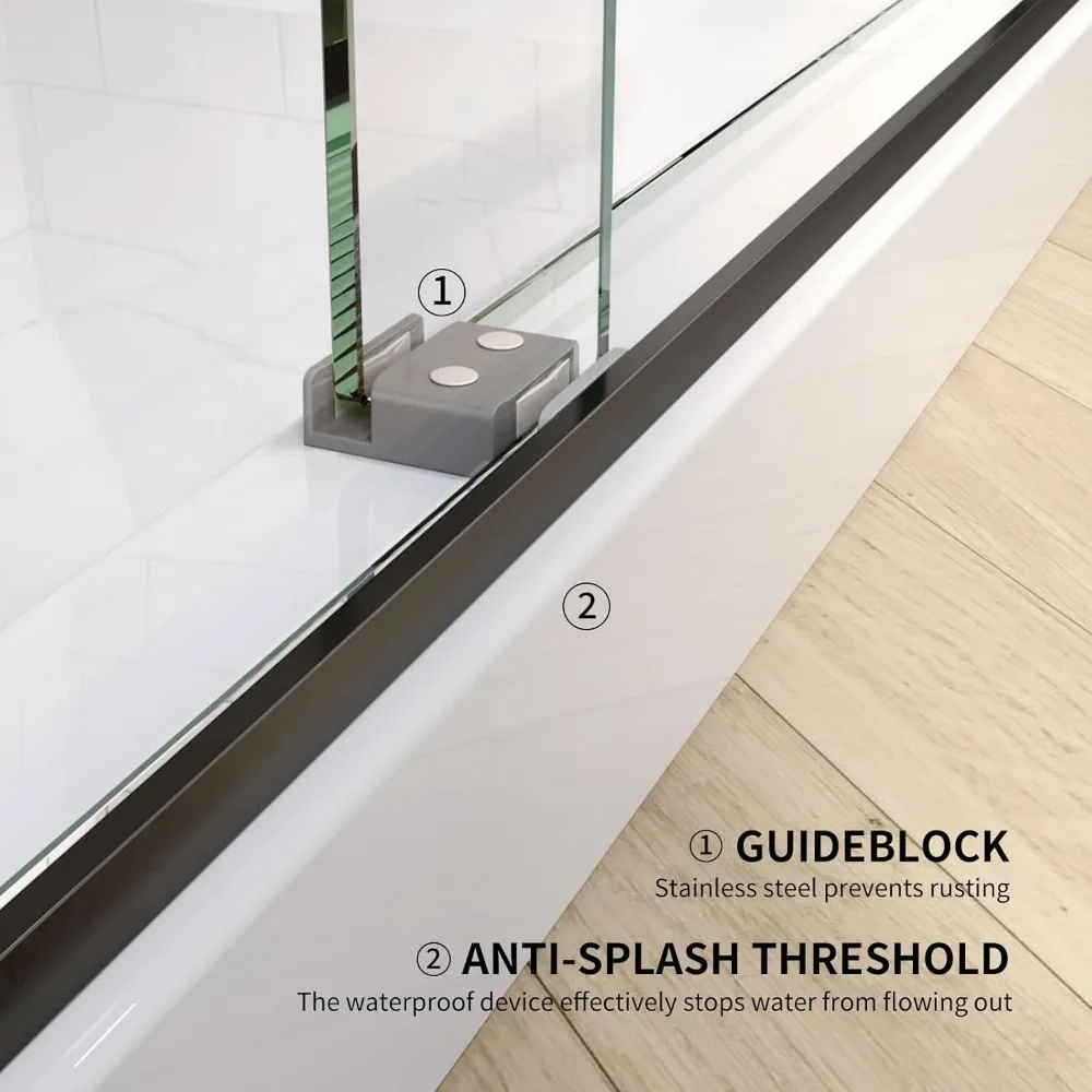 Frameless Shower Door,60" W X 74" H Double Sliding Door with 5/16" SGCC Tempered Clear Glass,Matte Black Shower Door 4