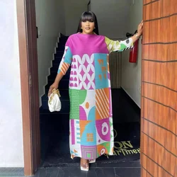 Miyake Pleated Print Dress Color Contrast Long Sleeve Relaxed Women's Long Casual Party Dresses of 2023 Summer New Fashionable