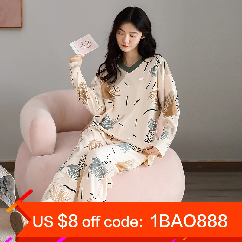 

Pijiama 2 Pieces Set Spring Summer Sleepwear Cotton Soft Women's Pajiama Long Night Wear Pyjama Pour Femme Cute Loungewear