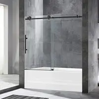 Frameless Bathtub Shower Doors 56-60"" Width X 62""Height With 3/8""(10Mm) Clear Tempered Glass In Matte Black Finish 1