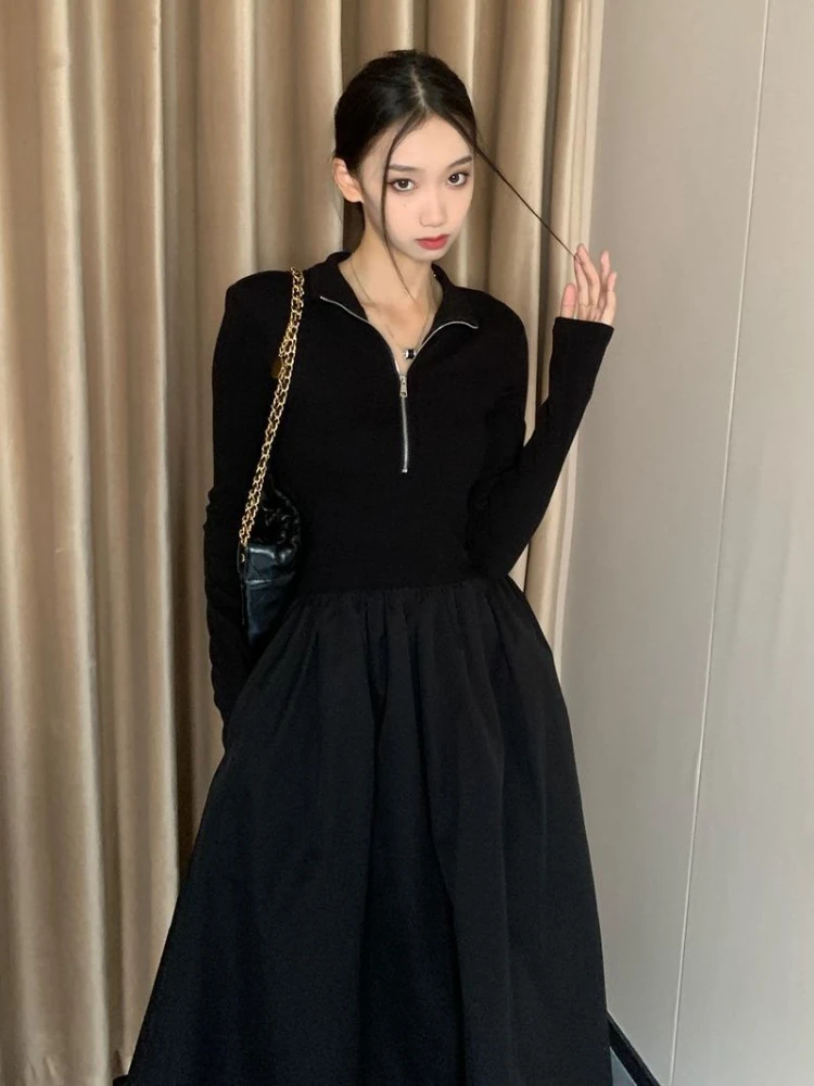 Black Midi Dresses Women Zip-up Elegant Female Trendy A-line