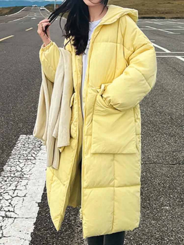 

Fashion Korean Women Long Winter Jackets Elegant New Loose Down Coat Casual Hooded Padde Parka Solid Outwear Clothes Puffer
