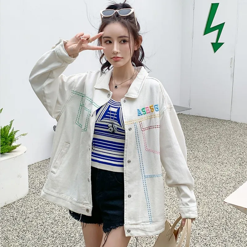 

2023 Autumn New Coat For Women Embroidery Bright Line Letter Loose Button Pocket Lapel Collar Single Breasted Free Shipping