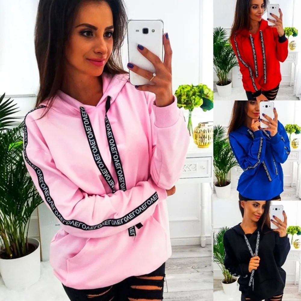

Autumn Winter Fleece Letter Ribbon Hoodie Women's Long Sleeve Hooded Sweatshirt Fashion Lady Causal Loose Pullover Pink Hoodie