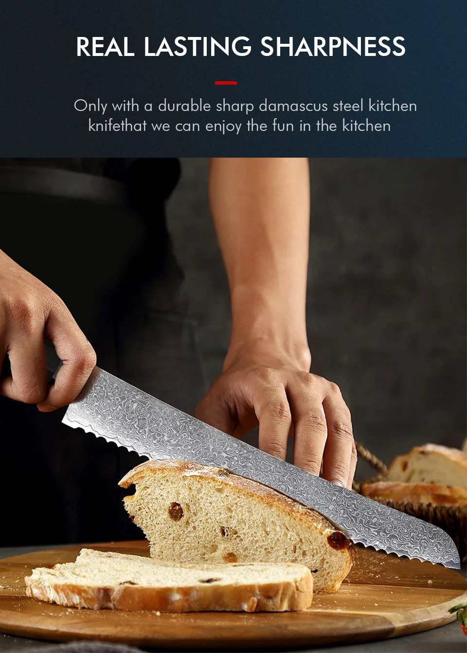 Description Picture 4 of itemYIZEMA 8.5" Professional Serrated Bread Knife Handmade Damascus Steel Kitchen Japanese Chef Knives Cut Cheese Cake Toast Tools