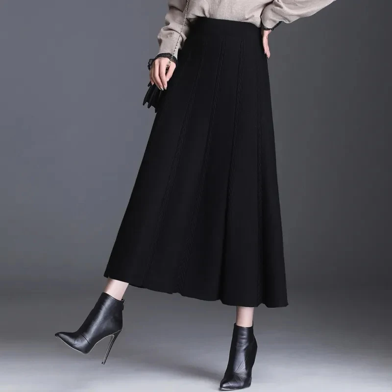 

Lucyever 2022 Spring New Women's Knitted Skirt Elastic High Waist Solid Color Midi Skirt Woman Korean A-Line Long Skirts Female