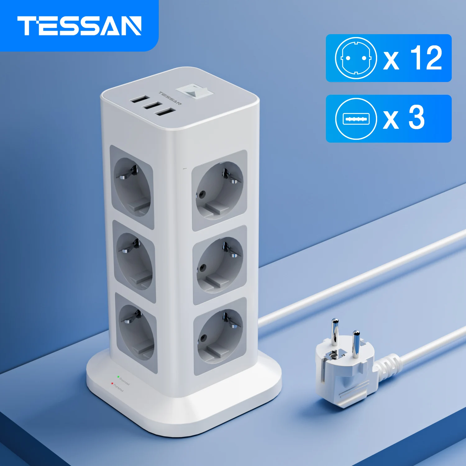 Tessan Vertical European Power Strip Tower Multi Prese Con Cavo Di Prolunga Usb 2M Presa Elettrica A Spina Multipla Eu Kr