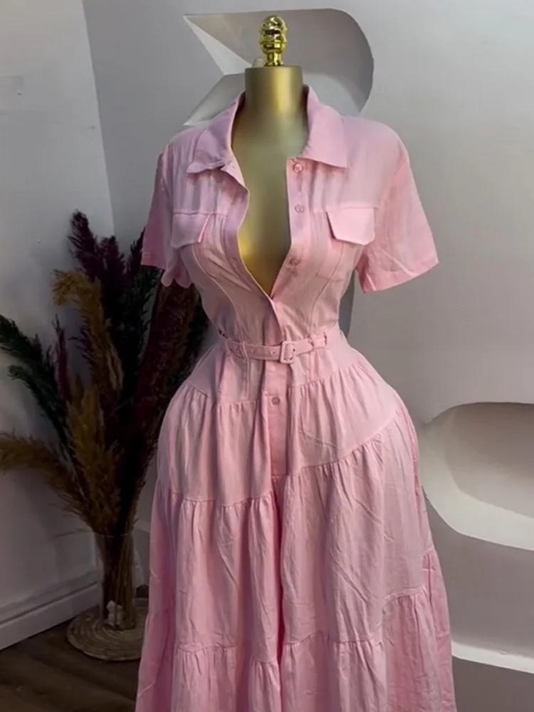 Wmstar Dress Women Wholesale Woman 2025 Summer New Fashion Lapel Short Sleeved Button Down Belt A Line Shirt Dresses One Pieces