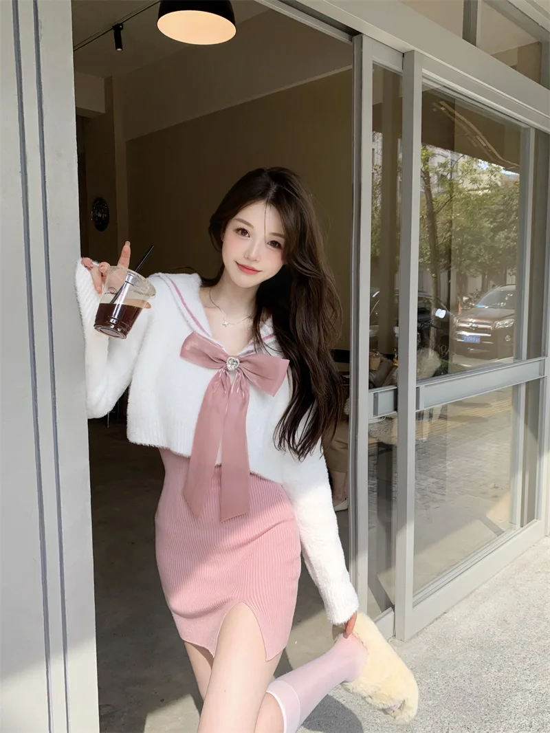 

Fashion 2 Piece Set for Women Cropped Coat Square Collar Sleeveless Bodycon Dress Outfits Y2k Clothes Temperament Korean Suit