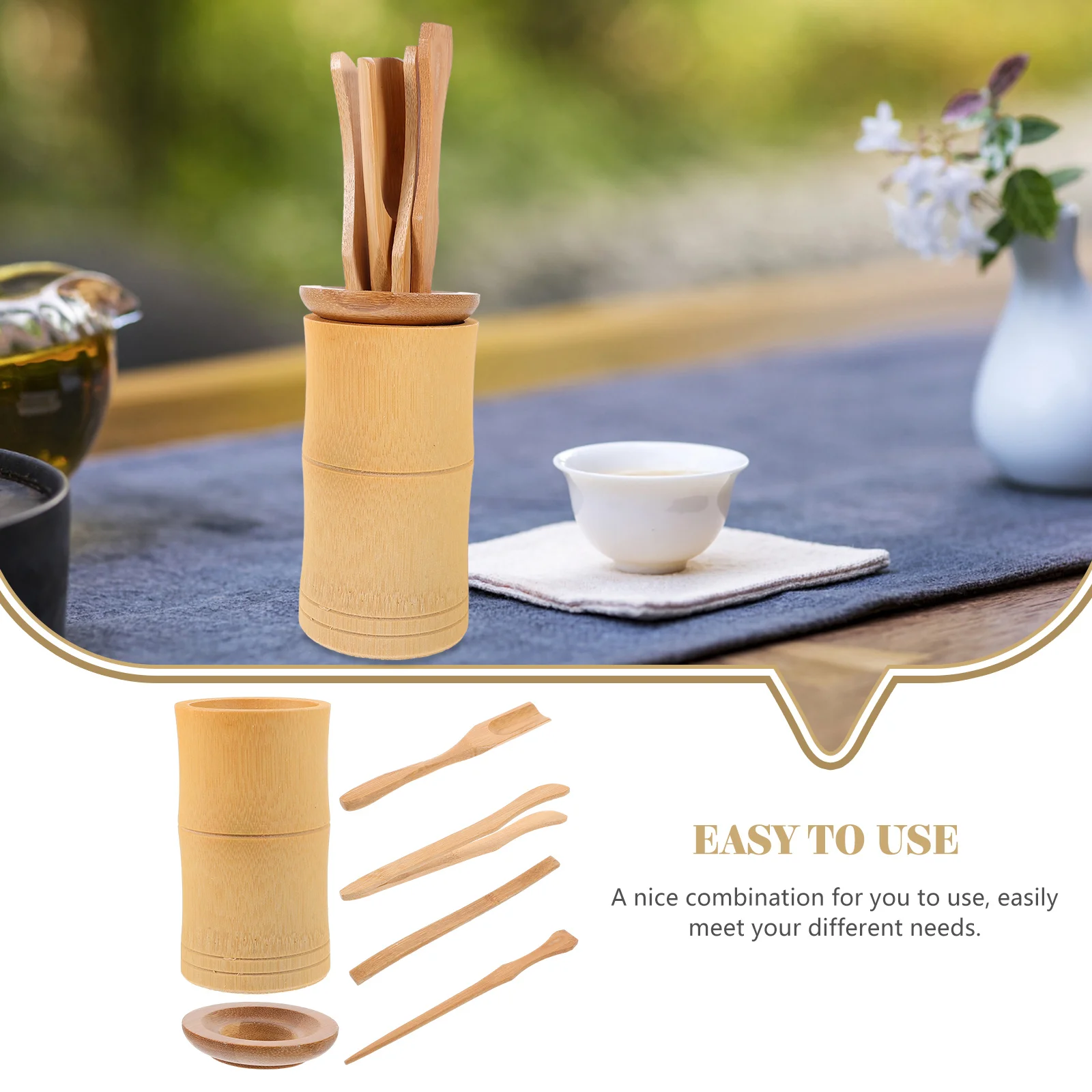 Bamboo Teaware Set 6 Pcs Kitchen Spoon Scoop Clip Bucket Needle Tea Utensils Container Ceremony Accessories Supplies Dining Bar
