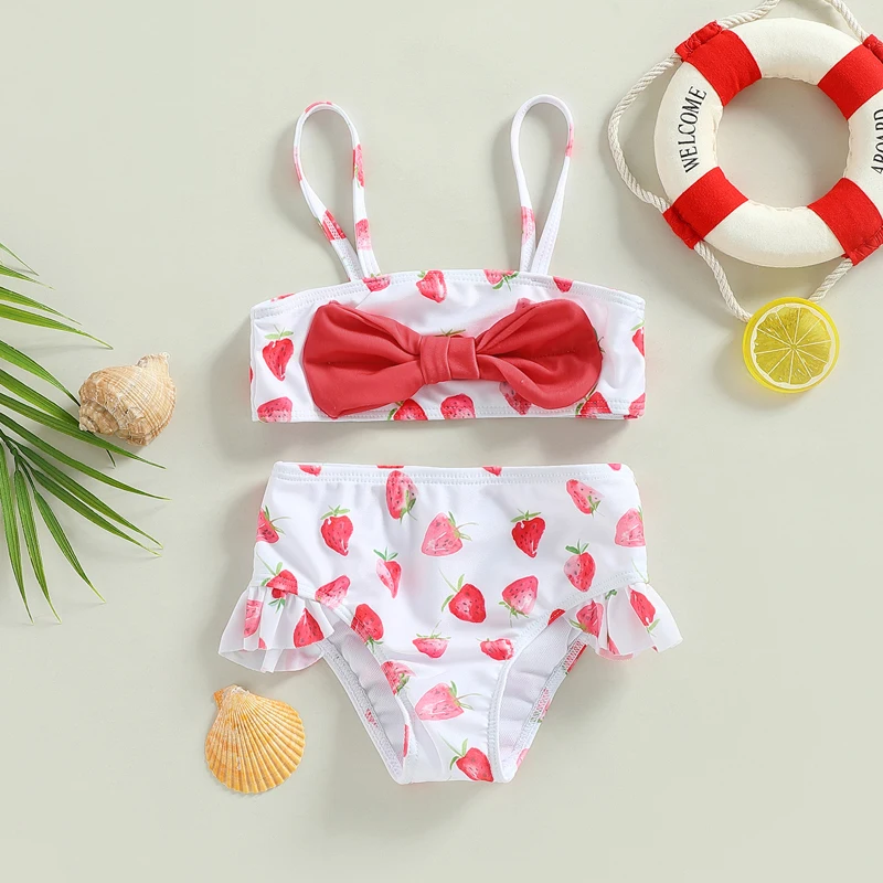 Crianças Meninas 2 Piece Swimsuits Morango Imprimir Biquíni Maiô Sem