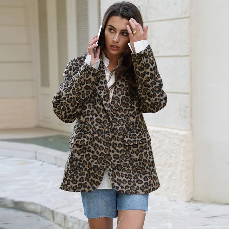 Fall Leopard Print Jacket Blazer Women Lapel One Button Long Sleeve Loose Coat Female Fashion All-matching New in Outwears