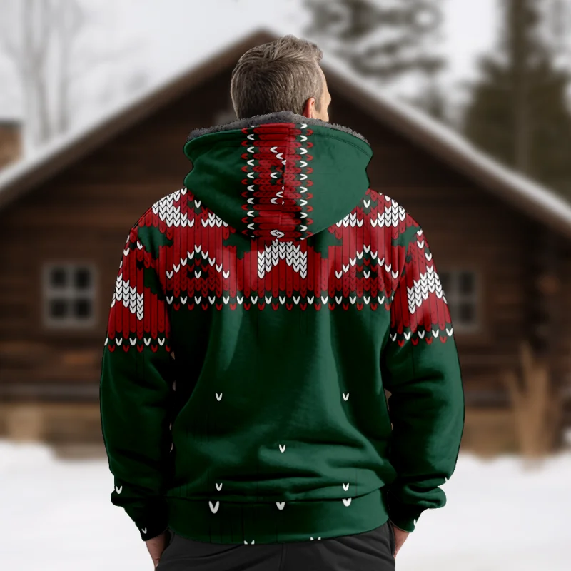 Christmas Creative Cotton Coat Hooded Sweater Casual Print Men's Fur Loop Arctic Velvet Zipper Patch Pocket Hooded Sweater a01