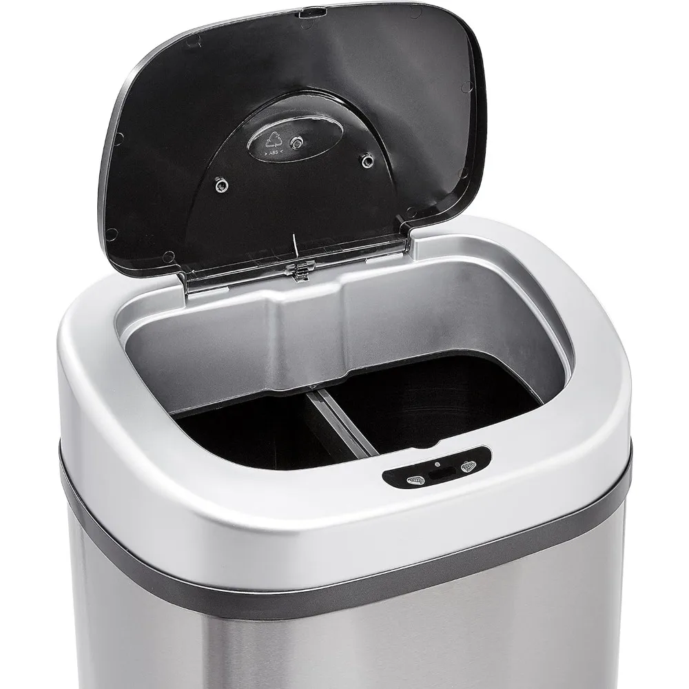 Automatic Trash Can with Lid, Hands-Free, Stainless Steel, D-Shaped 80 l, 2 Bins