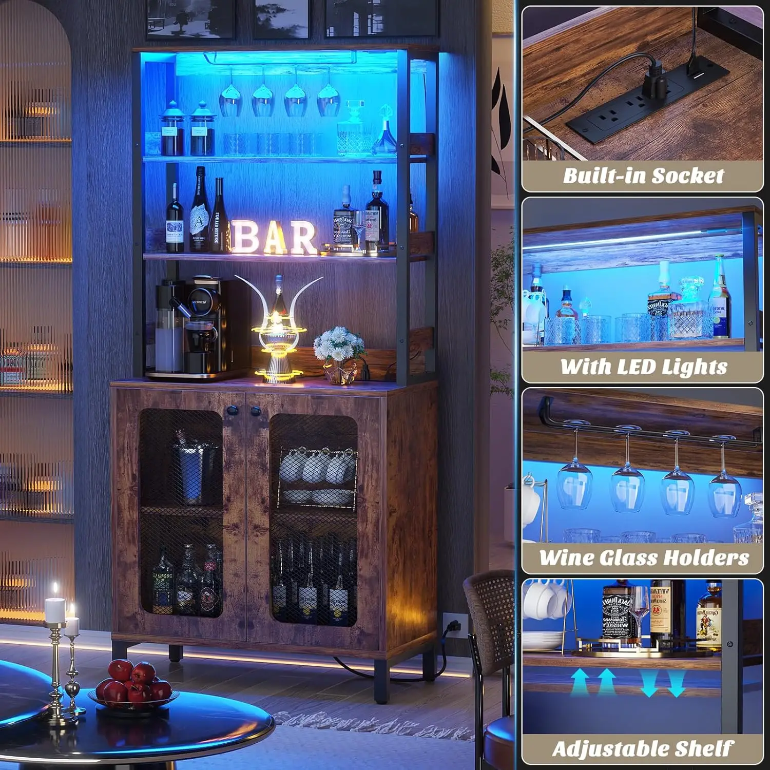 Bar Cabinet with Power Outlets, 67" Tall Wine Bar Liquor Cabinet with LED Lights & Glass Holder, Coffee Bars Station