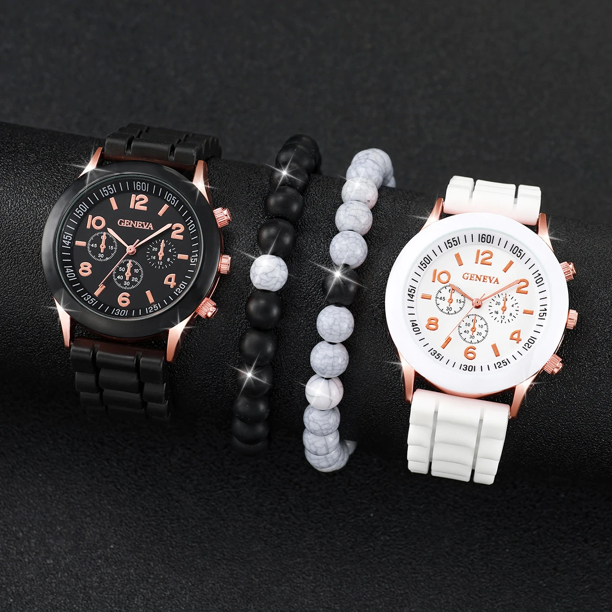 4PCS/Set Fashion Women's Watch Couple Simple Silicone Strap Quartz Watch with Black and White Bead Set
