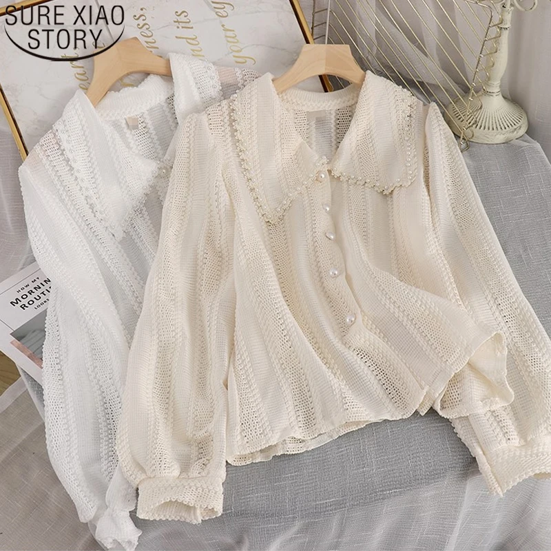 Elegant Lace Shirt Women Fashion Long Sleeve Peter Pan Collar Tops Autumn New 2025 Shirts Office Ladies Hollow Out Blouse 14562