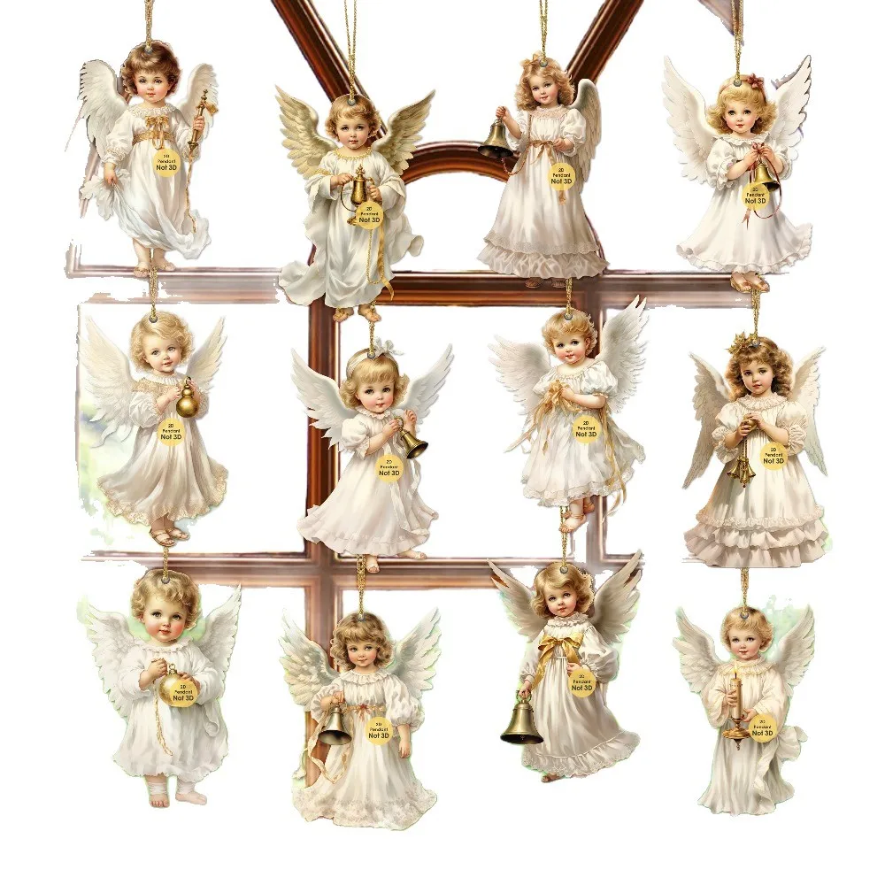 36/12pcs Christmas Vintage Wooden White Angel Pendant Merry Christmas New Year Pendant Gift Christmas Tree Decor Supplies