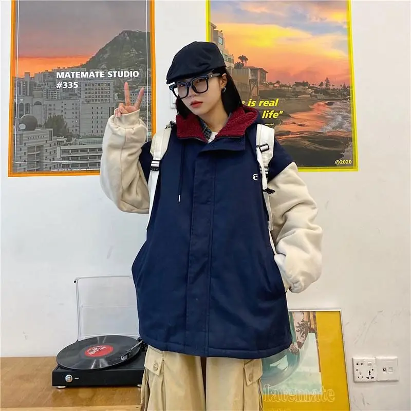 Winter Parka Jacket Women Long Sleeve Hooded Lamb's Wool Padded Thickened Jacket Fleece Lined Oversized Overcoat Coat