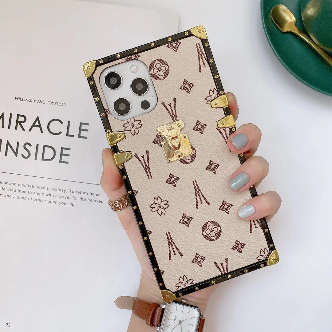 Luxury Geometric Leather Phone Case - Fashion Square Design