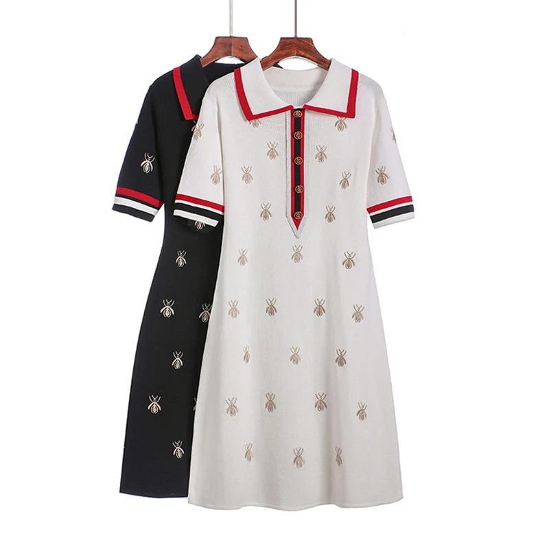 

Embroidery Bee Polo Collar Knit Dress Summer Short Sleeves T-shirt Midi Dresses High Quality Skirt Luxury Brand Women Clothing