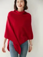 100% Merino Wool Knitted Shawl Cape Knitted Soft Warm Wollen Irregular Cloak Batwing Sleeve Loose Turtleneck Pullover Pashmina - Image 3