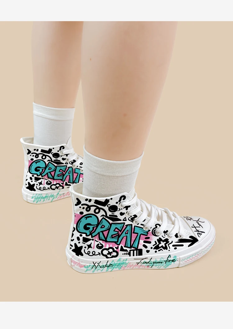 Amy und Michael Original Design Mode trendige Damen Casual Sneakers handbemalte Graffiti Canvas Schuhe individueller High Top Schuh – Detail 6