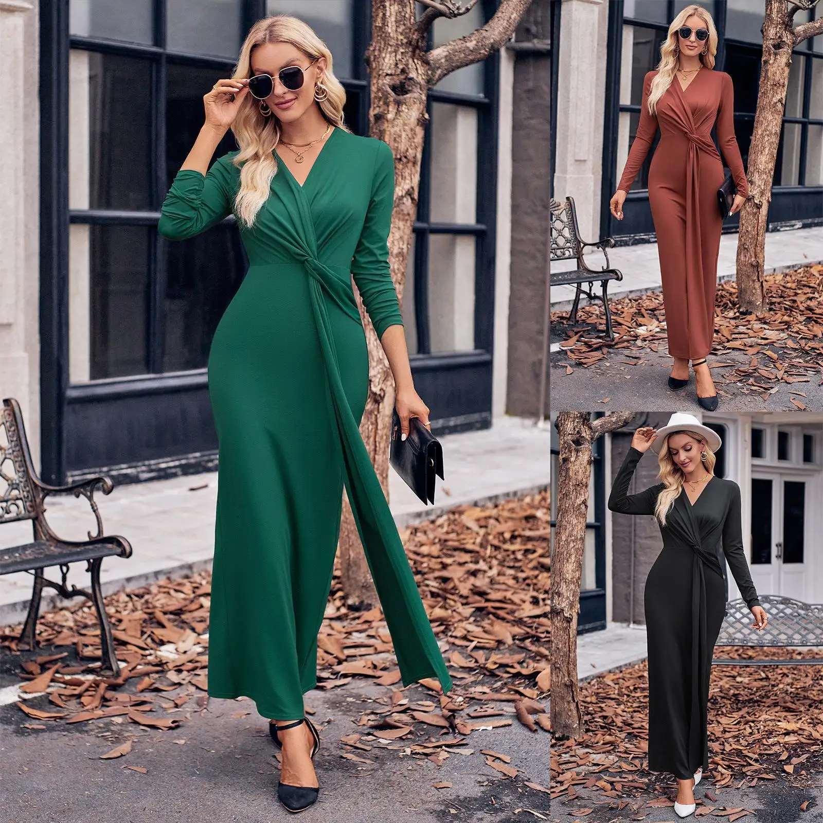 

Long Dresses Temperament Casual Elegant Dresses for Women V-neck Fashion Solid Party DressesTwisted Waist Long Sleeve Dress