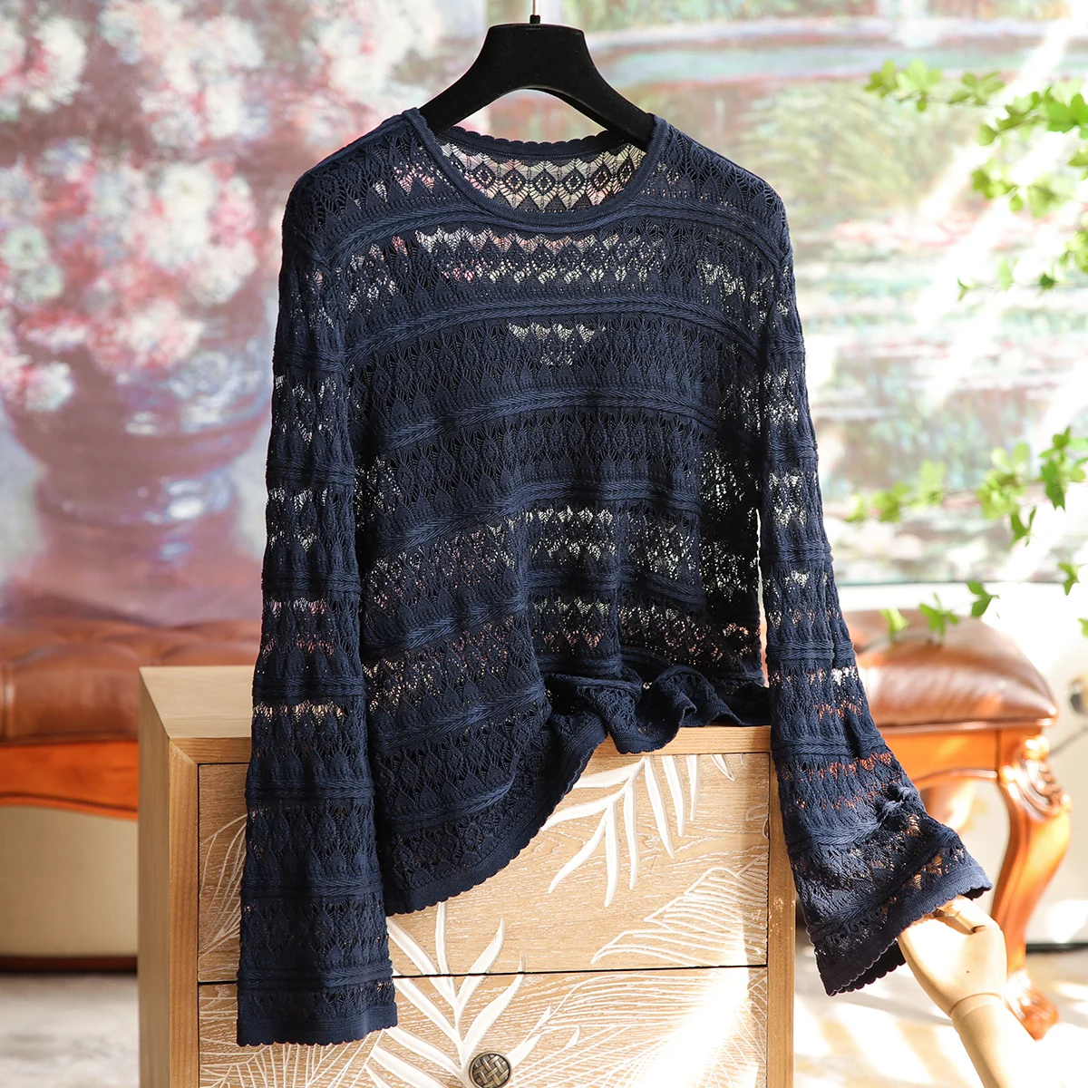 

Dance Sleeve Fashionable Hundreds of Loose Hollowed Out Knit Smock Autumn Light Micro See-through Solid Simple Elegant Blouse