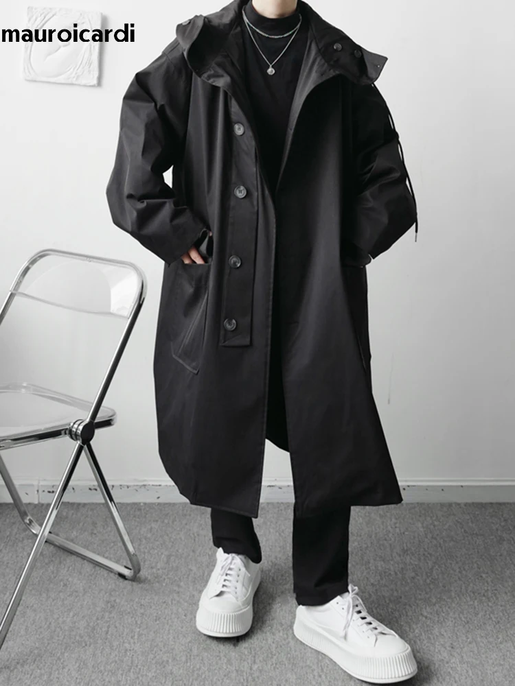 Mauroicardi Spring Autumn Long Black Khaki Oversized Trench Coat Men with Hood Pockets Loose Casual Windproof Windbreaker