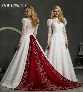 Abito da sposa vintage in pizzo ricamato per la sposa, a maniche lunghe, bianco e bordeaux, abiti da sposa classici con strascico, personalizzabili