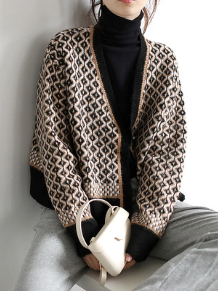 

Women's Knitting Sweater Autumn Winter Color Matching Diamond Lattice Single-Breasted Loose Casual Knitted Cardigan Sweaters