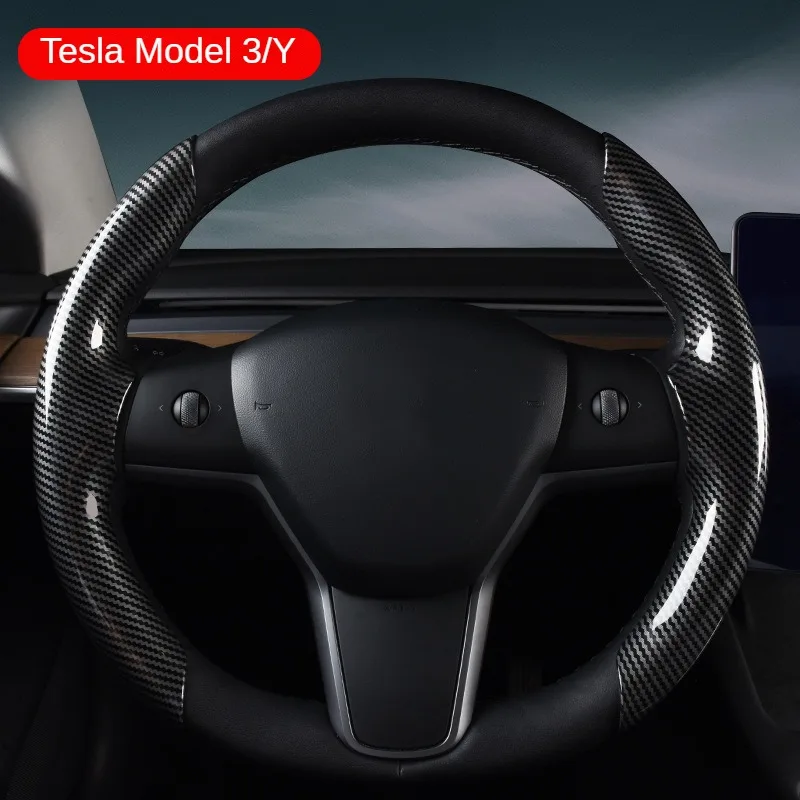 

Чехол на руль для Tesla Model 3, модные защелкивающиеся чехлы из углеродного волокна, модификация салона автомобиля, украшение 2017-2023