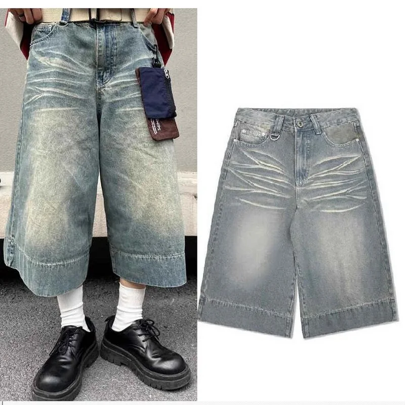 Calf-Length Pants Baggy Distressed Jeans Men Hip Hop Goth Streetwear Harajuku Wide Leg Denim Pants