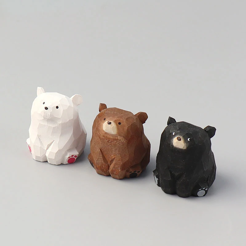 1Pcs Cute Mini Wooden Bear Miniature Solid Wood Hand Carved Bear Figurines Polar Bear Crafts Ornaments Tabel Decorate Kids Gifts