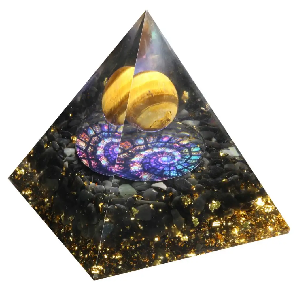 Natural Crystal Sphere Orgone Pyramid With Obsidian Tumbled Stones & Snail Symbol Orgonite Generator For Chakra Balancing