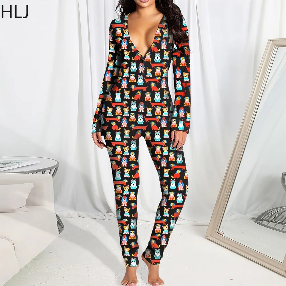 HLJ Fashion Christmas Cartoon Print Jumpsuit Women V Neck Zipper Back Hollow Out Playsuits Casual Female Slim Overalls Pajamas