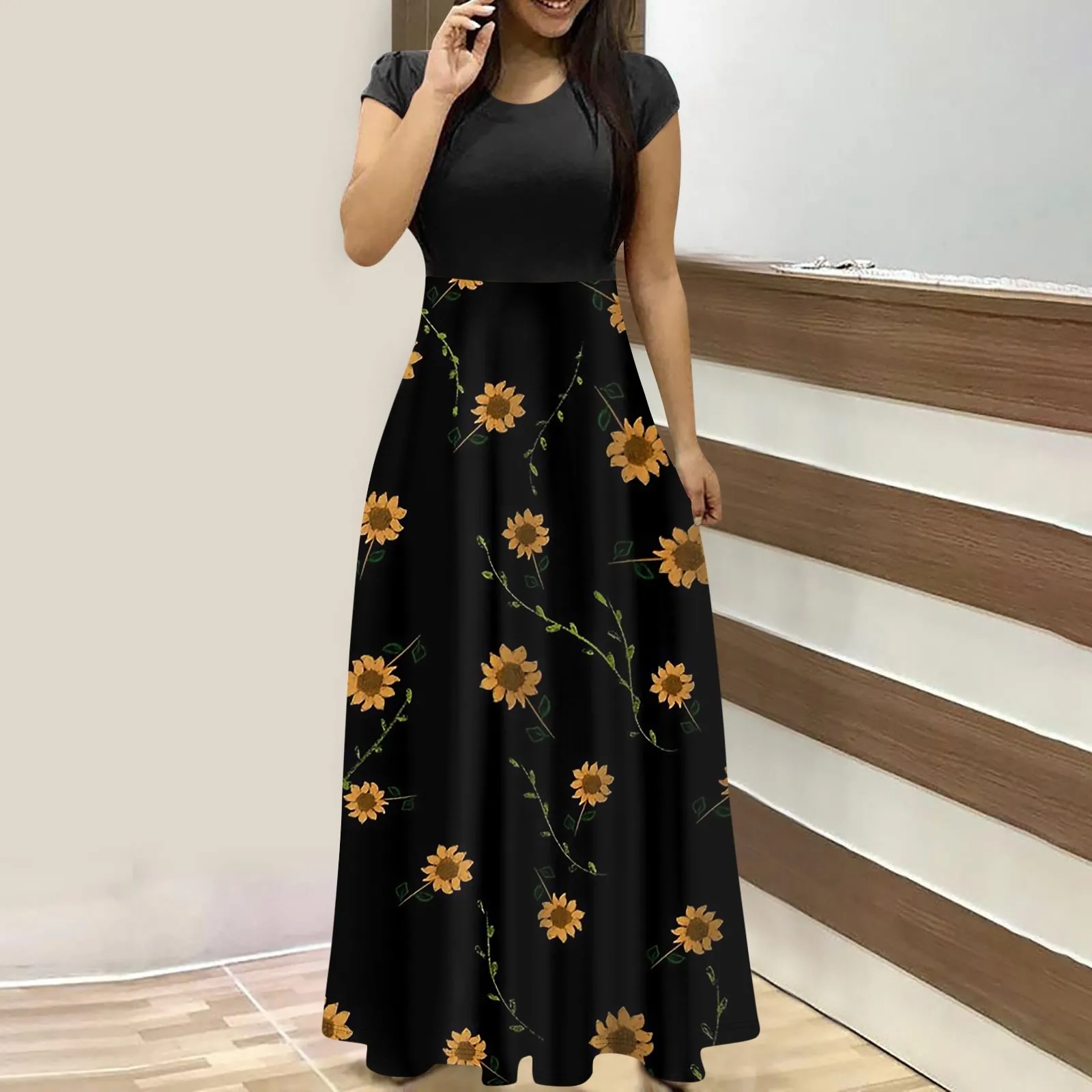 elegant dresses for women Fashion Casual long dresses Print O-Neck Short Sleeves Oversized Maxi Dress Splicing vestidos curtos