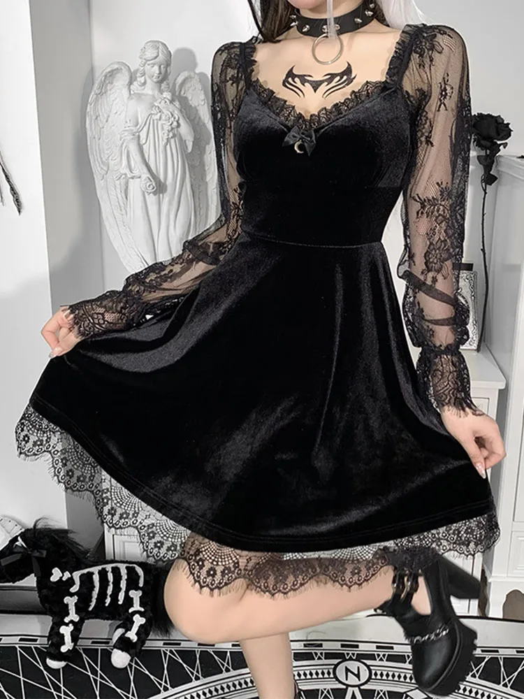 Gothic Lolita Girl Lace Trim Velvet A-Line Dress Women Sexy Perspective Long Sleeve V Neck Slim Mini Dress Cosplay Party Costume 1