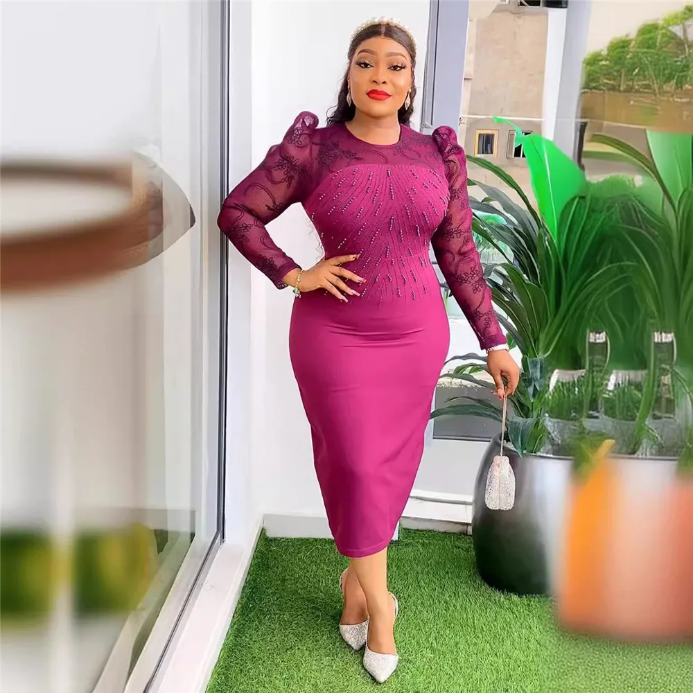 

Stylish Women's Commuter Style Wrapped Hip Skirt African Plus-size Organza Patchwork Bubble Beaded Dress S9996