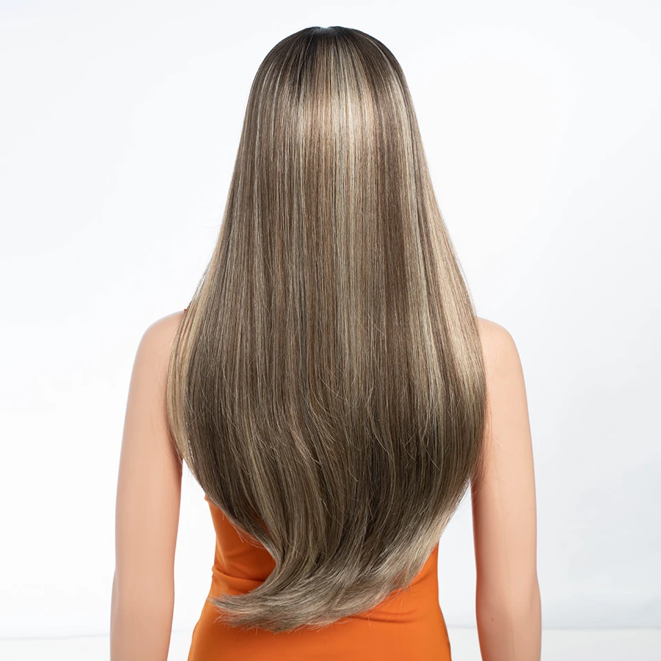 Straight Synthetic Lace Front Wigs For Women 24 inches Wig With Bangs Ombre Brown Blonde Lace Wigs Cosplay Wig synthetic wig