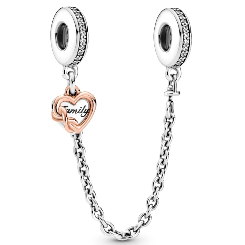 

Original Rose Dangling Bowknot Family Heart Safety Chain Bead 925 Sterling Silver Charm Fit Pan Bracelet Diy Jewelry
