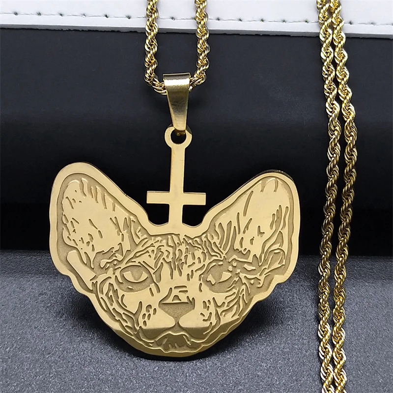 Goth Sphinx Haarlose Katze Halskette für Frauen/Männer Edelstahl Schwarz Farbe Invertiert Kreuz Halsketten Schmuck kragen N2566S06 – Detail 9