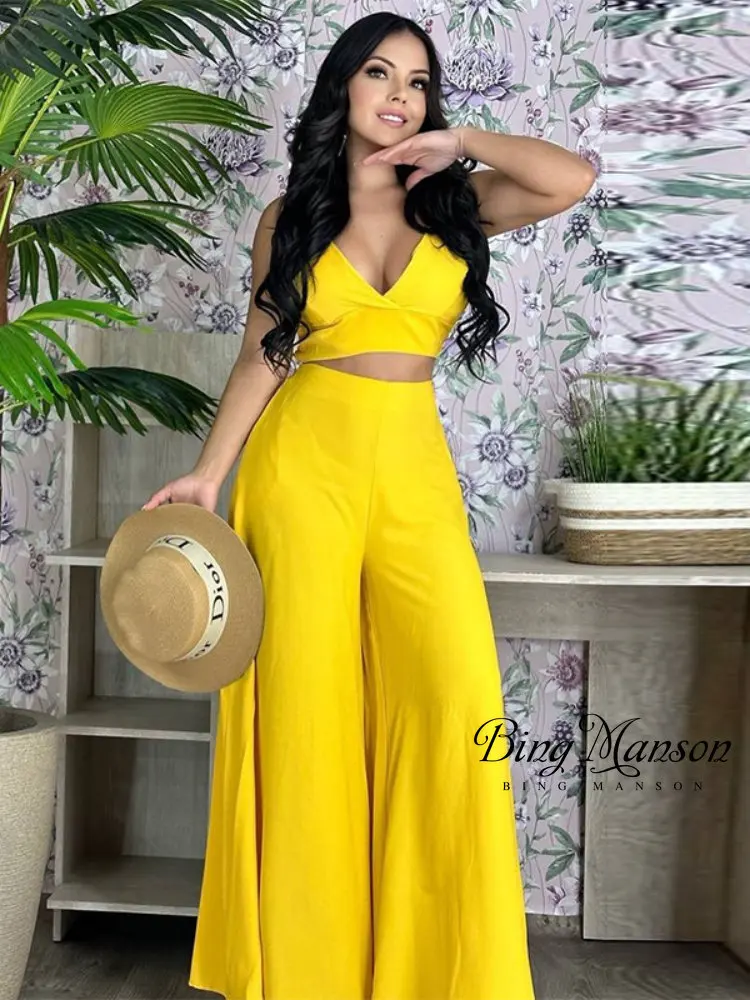Spring New Women's Two-piece Solid Color Suspender Vest High Waist Pocket Wide Leg Pants Casual Suit Monos Mujer