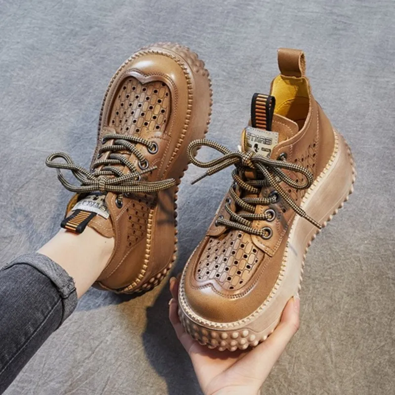 

YourSeason Genuine Leather Lace-up Flat Platform Flats Ladies Vintage Comfortable Women Hollow Out Breathable Sandals Round Toe