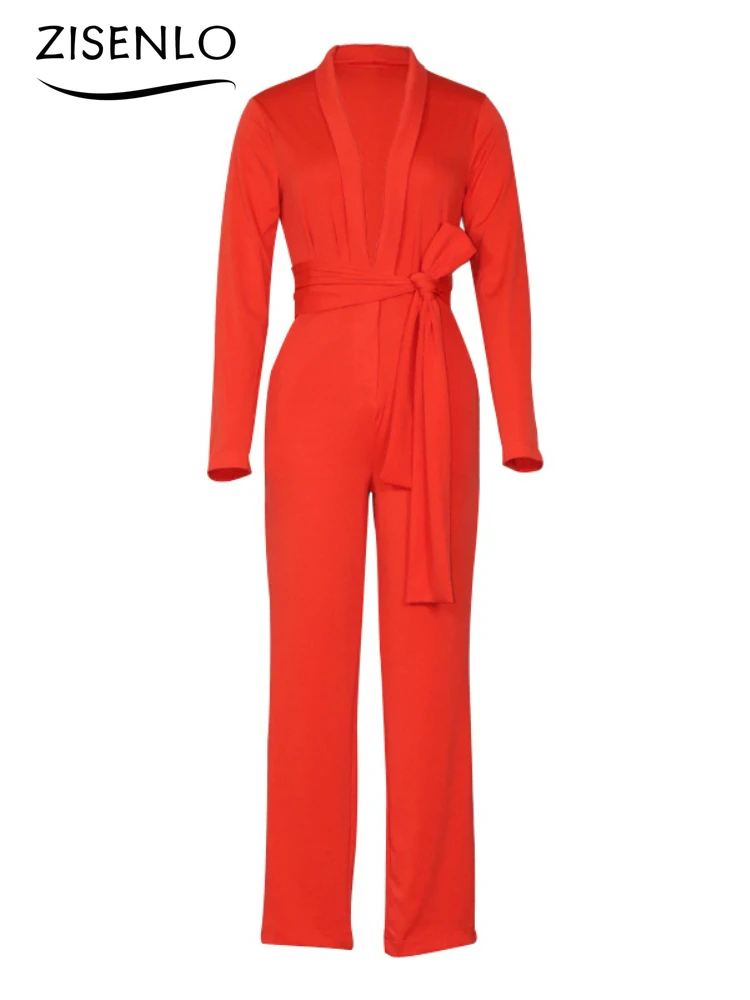 Autumn Sexy Fashion Solid Color Tie Deep V Casual Jumpsuit Overalls for  Women One-pieces Female Jumpsuit Club Outfits for Women