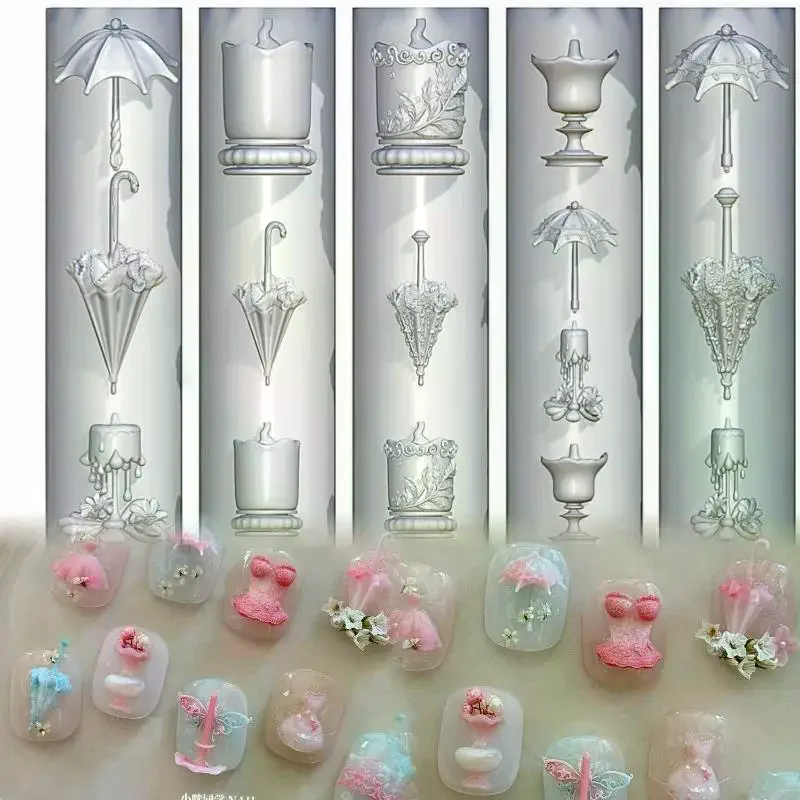 3D Transparent Silicone Nail Molds - Butterfly Flower Bow Bead Chain Templates, DIY Sweet Nail Art Decor Manicure Design Tools