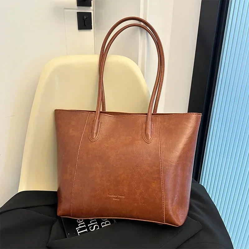 Vintage Style Casual Tote Bag Large Capacity PU Shoulder Bag