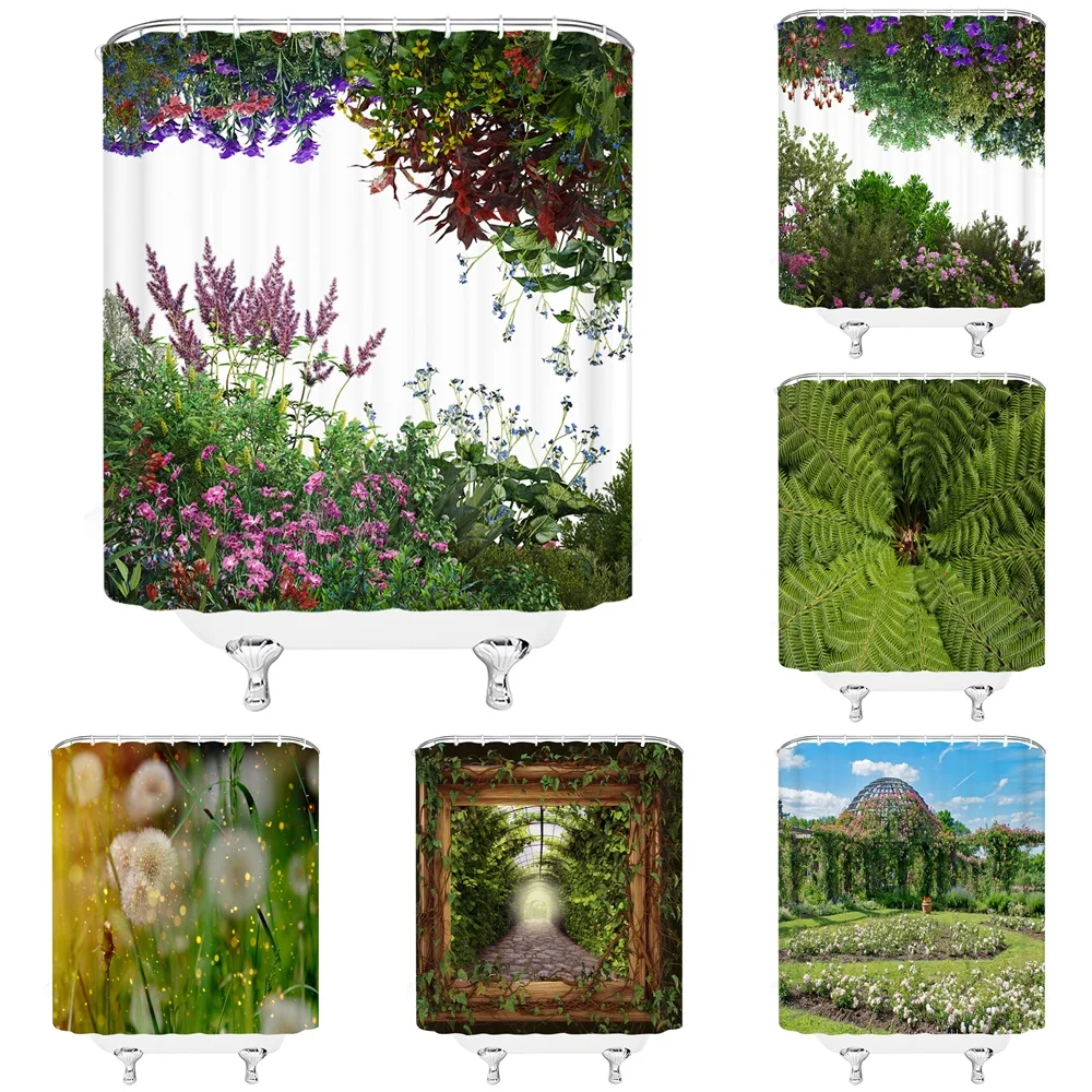 

Garden Landscape Shower Curtains Green Vine Flowers Fence Pastoral Grass Floral Dandelion Plants Decor Waterproof Bath Curtain